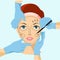 Vector illustration of hands near woman face, symbol of plastic surgery. Skin anti aging, beauty treatment. Face lifting
