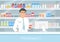 Vector illustration of a handsome male pharmacist at a pharmacy counter. a pharmacist, a shelf of medicine, capsules and