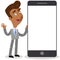 Vector illustration of a happy asian cartoon businessman standing next to giant smartphone