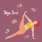 Vector illustration with happy asian an oversized woman in yoga position. Yoga time. Sports and health body positive concept for