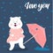 Vector illustration of a happy bear in light pink dress playing rain of hearts.