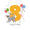 Vector illustration happy birthday card with number eight, animal lemur, flamingo bird, gifts, balloons, hearts, star, doodle.