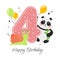 Vector illustration happy birthday card with the number four, animal panda with bamboo in the paw, snail, balloons, hearts, doodle
