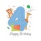 Vector illustration happy birthday card with number four, animals monkey, guanaco, snail, gifts, balloon, stars. Greeting card