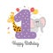 Vector illustration happy birthday card with number one, animals elephant and giraffe, gifts, balloons, cake, hearts. Greeting