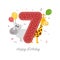Vector illustration happy birthday card with number seven, rhino and giraffe animals, gifts, balloons, hearts, stars, holiday cake