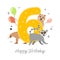 Vector illustration happy birthday card with number six, kvokka animal, lemur, anteater, balloons, hearts, doodle. Greeting card