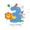 Vector illustration happy birthday card with number three, animals lion and lemur, parrot, crocodile, gifts, balloons, hearts.