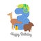 Vector illustration happy birthday card with number three, capybara animals, guanaco, chameleon, gifts. Greeting card with the