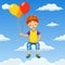 Vector illustration of a happy boy with balloons in cloudy sky