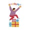 Vector illustration of happy boy jumping over bunch of gift boxes and shouting Hooray.