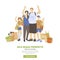 Vector illustration of happy cheerful family of man, woman and two kids, hugging, waving hands, showing OK sign and