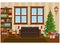 Vector illustration on happy Christmas and new year. Room with a sofa  a bookcase  Windows  a Christmas tree and the gift table