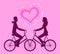 Vector illustration with happy couple riding on bikes towards each other