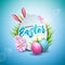 Vector Illustration of Happy Easter Holiday with Painted Egg, Rabbit Ears and Spring Flower on Shiny Blue Background