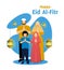 A vector illustration of Happy family celebrating Eid-al-fitr. Moslem family vector illustration