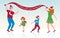 Vector illustration of happy family dancing, parents and their children celebrate Christmas,flat design