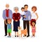 Vector illustration of happy family. Father, mother, grandfather,grandmother, children and dog in a flat cartoon style.