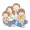 Vector illustration of happy father, mother, son & daughter sitting together. Kids sitting on parents