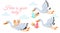 Vector illustration of happy flying storks with newborn babys. Stork birds carrying babyboy and babygirl in bags in