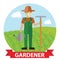 Vector illustration of an happy Gardener standing with his garden tool on field