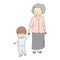 Vector illustration of happy grandmother holding kid hand & walking together. Early childhood development, family, generation