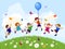 Vector illustration of happy kids jumping together.