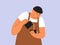 Vector illustration of happy male barista making coffee latte art in coffeehouse