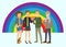 Vector illustration of happy male and female couples of different sexual orientation with color rainbow background