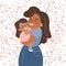 Vector illustration, happy mother with a smiling daughter in her arms,background of falling confetti. Festive design for postcard