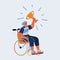 Vector illustration of Happy woman in wheelchair holding gold trophy cup, celebrating victory, sport success. Paralympic