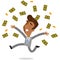 Vector illustration of a happy young asian cartoon businessman jumping and throwing bank notes and coins around