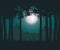 Vector illustration of a haunting forest with grass under a green night sky with moon and stars