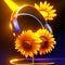 Vector illustration of headphones and sunflowers on a dark background. AI Generated