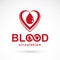 Vector illustration of heart shape and blood drop. Blood circulation conceptual emblem.