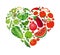 Vector illustration heart shape of red fruits and vegetables. Healthy nutrition organic concept in flat style.