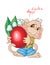 Vector illustration Heppy Easter monkey holds flowers lilies of the valley and red egg