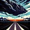 Vector illustration of a highway in the evening. The road goes through the clouds. AI Generated