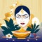 Vector illustration of a Hindu goddess with a bowl of honey and a lotus flower Generative AI