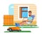 Vector illustration of home robot trimming lawn, man having rest