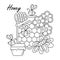 Vector illustration of honey, honeycomb bees flowers. Coloring book page, poster