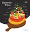 Vector illustration of hot Vegetarian Pizza on wooden board. Falling ingredients. Traditional Italian recipe. Infographic