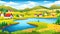 Vector illustration of a house in a rural area surrounded by panoramic meadows, mountains, and idyllic countryside.