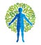 Vector illustration of human, athlete surrounded by eco green leaves.