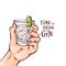 Vector illustration of human hand with gin and tonic cocktail in glass with ice cubes and slice of lime.
