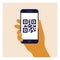 Vector illustration of human hand holding smartphone with qr code or covid vaccine passport on screen