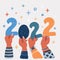Vector illustration of human hands holds number 2022. New year concept.