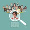 Vector illustration of human resources management, staff research, head hunter job with magnifying glass in flat style.