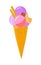 Vector illustration with ice cream in flat style on white isolated. Cold sweetness with scoops of colorful ice cream in a waffle