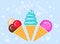 Vector illustration of ice creams in cone waffle glasses